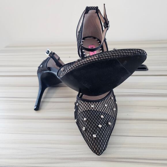 Betsey Johnson Black Mesh Ankle Straps Pointy Toe Stiletto Pumps Heels Size 8.5 - Picture 7 of 9